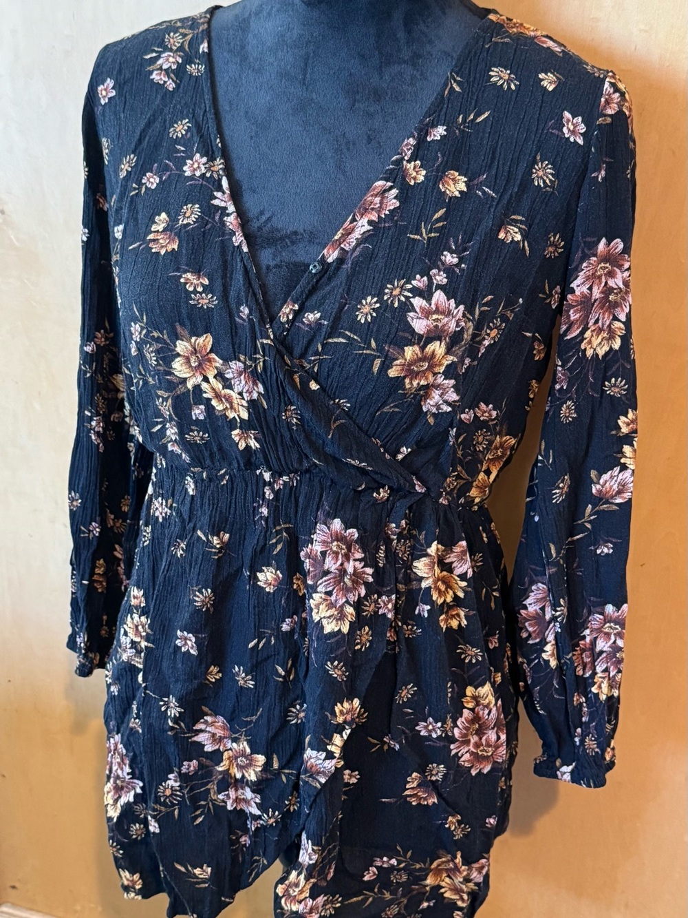 Forever 21 Navy Floral Wrap Dress with Long Sleeves